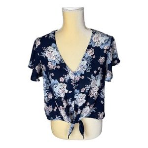 Love Fire, Navy Blue Floral‎ V-Neck Sheer Crop Blouse Size Large